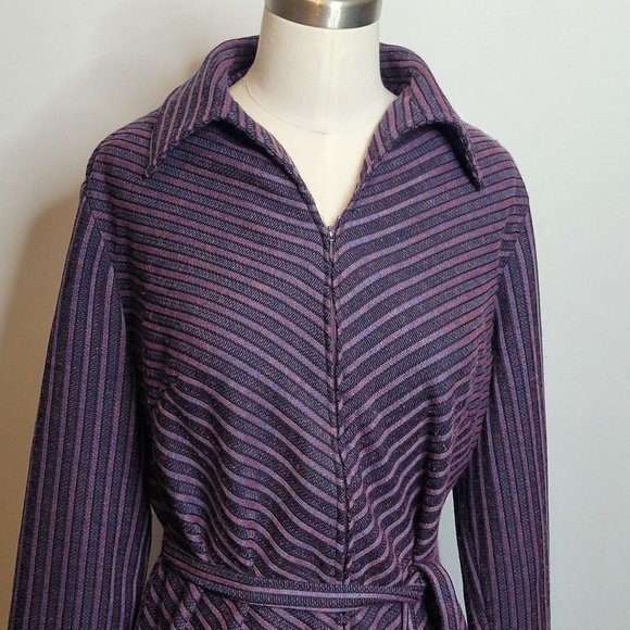 Vintage Shirt Dress Amy Adams Stripe Belted Tie Neck Collared Purple Black 60s - Picture 3 of 9